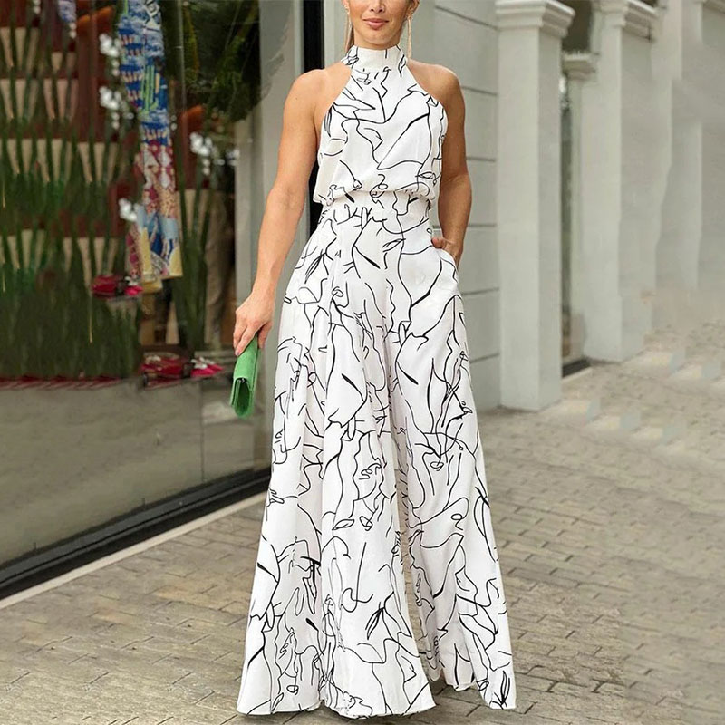 Ladies Elegant Waist Tie Sleeveless Halter Print Jumpsuit
