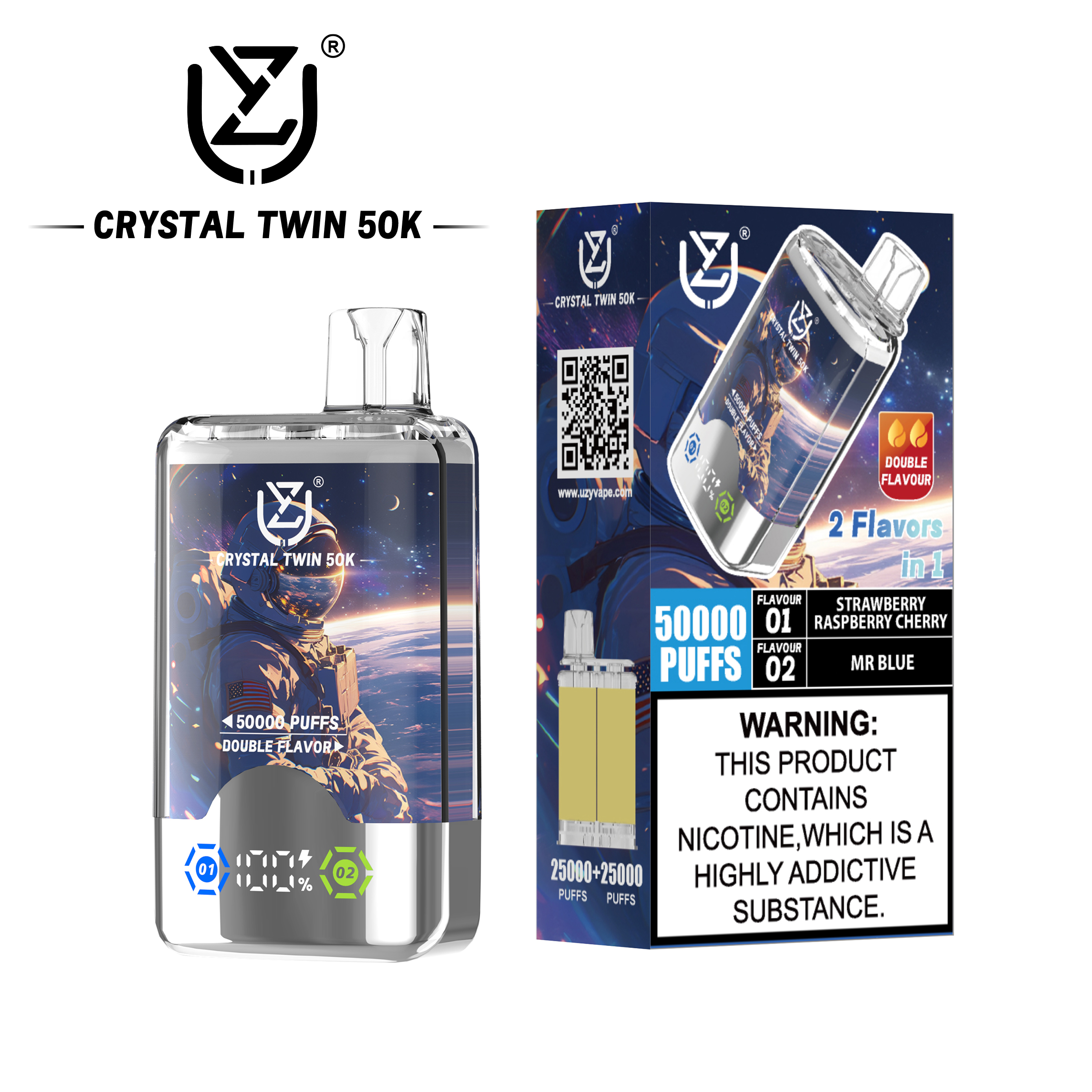 （3 pieces）UZY Crystal Twin 50000 50k Puffs Double Taste LED Display Disposable Vape