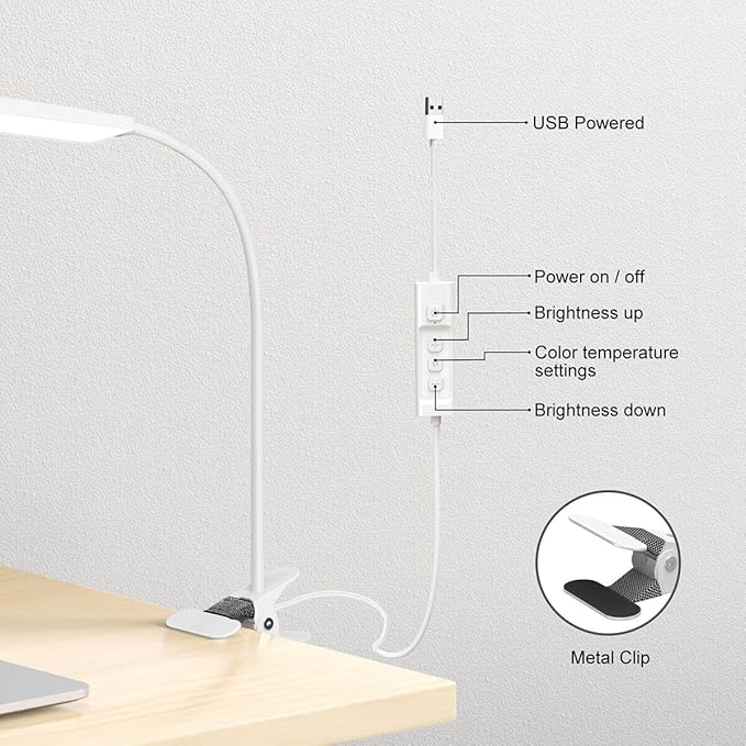 Clip on Light LED Desk Lamp with Eye-Caring LED Metal Clip