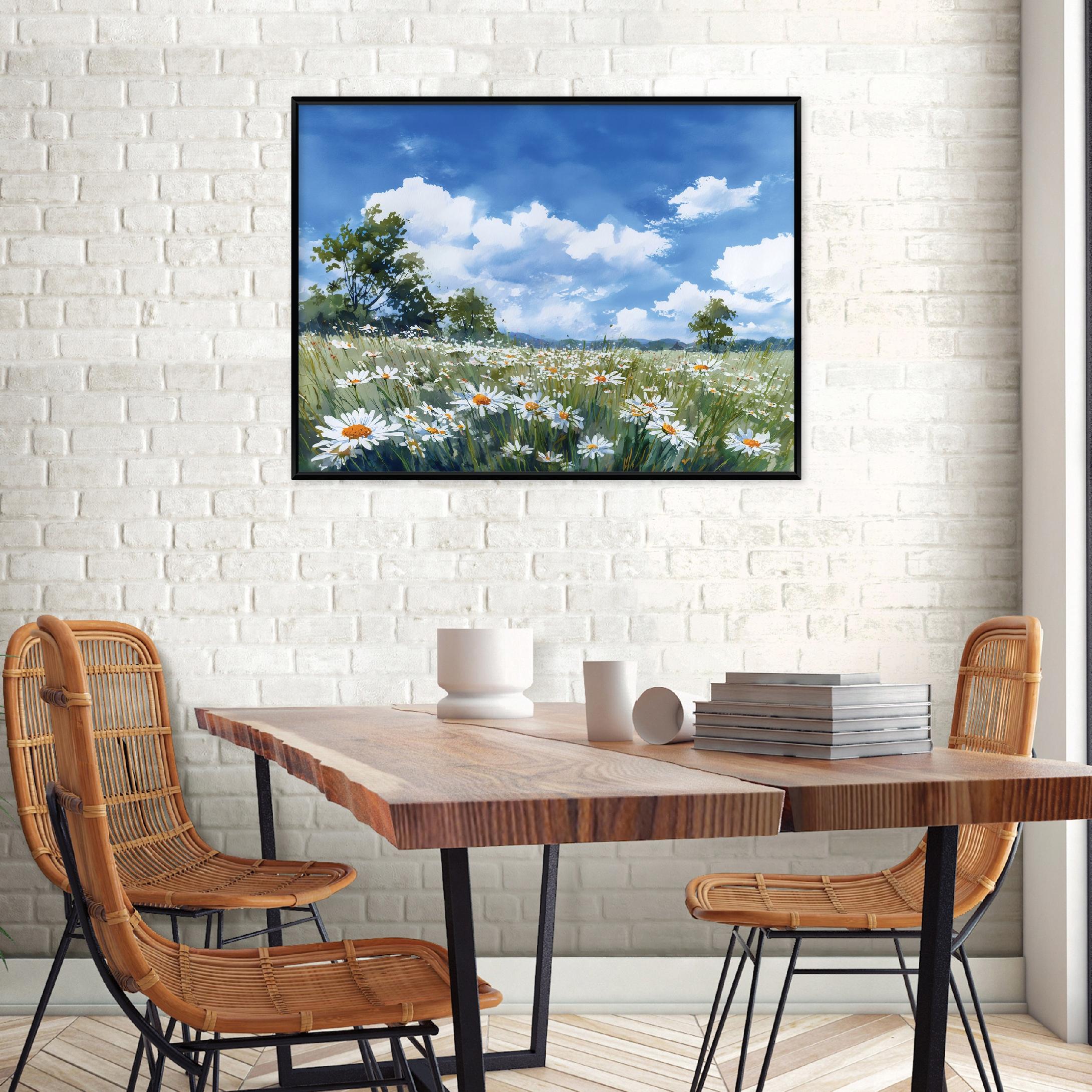 Black-framed canvas painting of a field of flowers, nature, living room, bedroom, 40x30