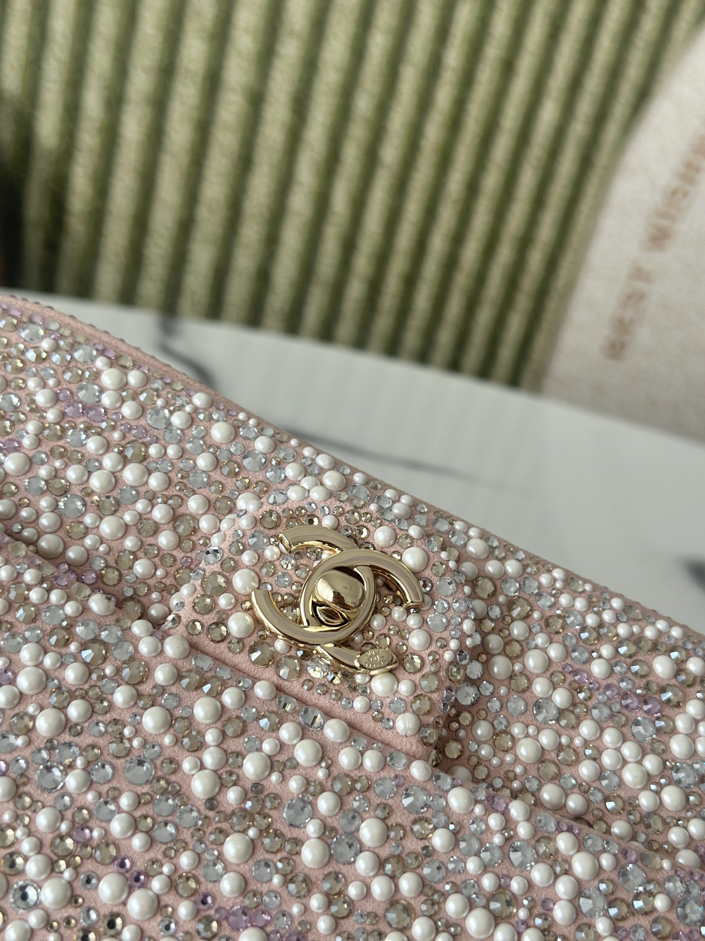 24C25C Small Classic Flap Bag in Sakura Pink Crystal & Pearl Embellished Lambskin with Light Gold-Tone Hardware - Mocuir