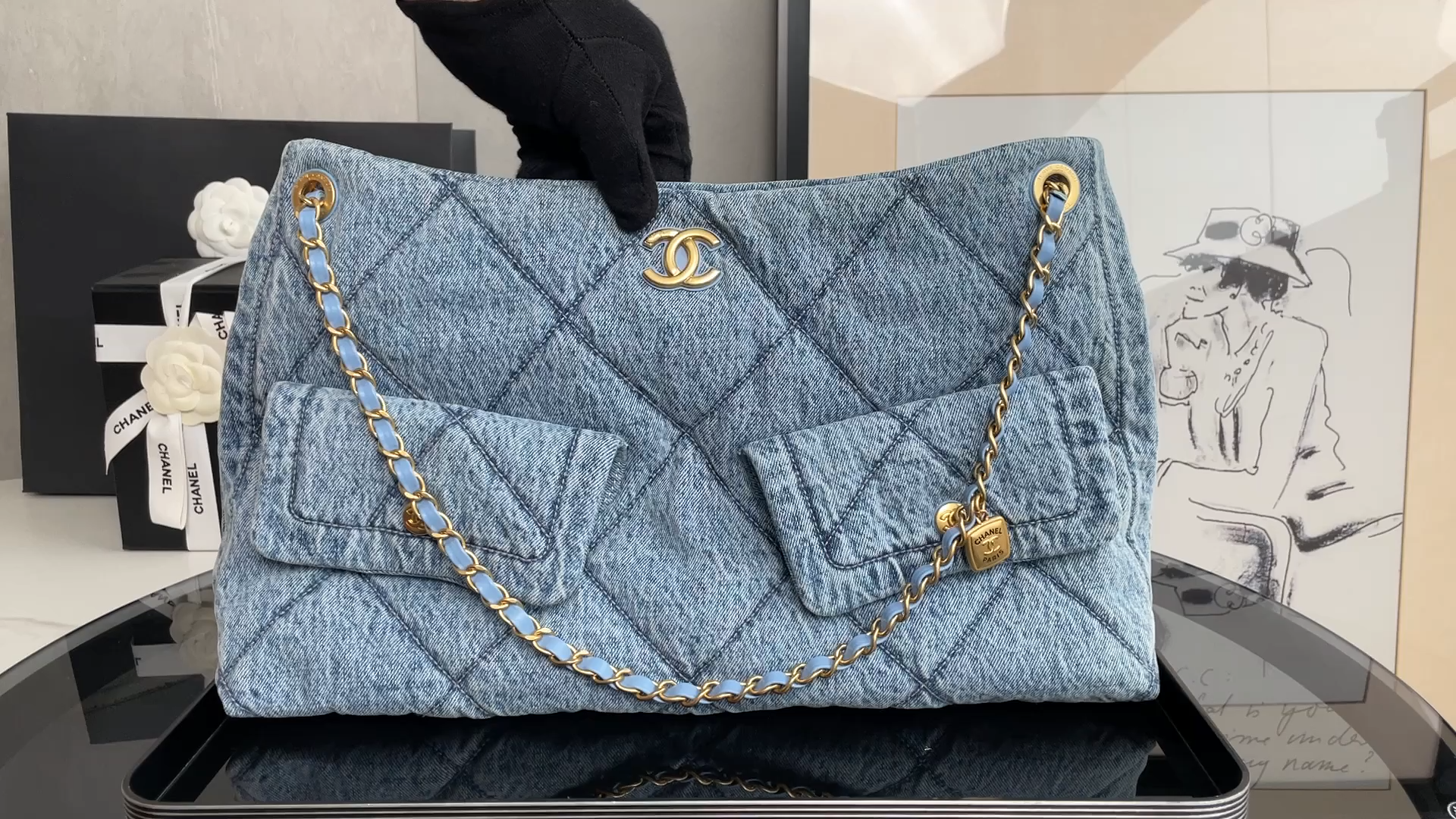 25K Cruise Collection Washed Denim Hobo Tote Bag with Double Pockets & Gold-Tone Hardware (Model AS5727) - Mocuir