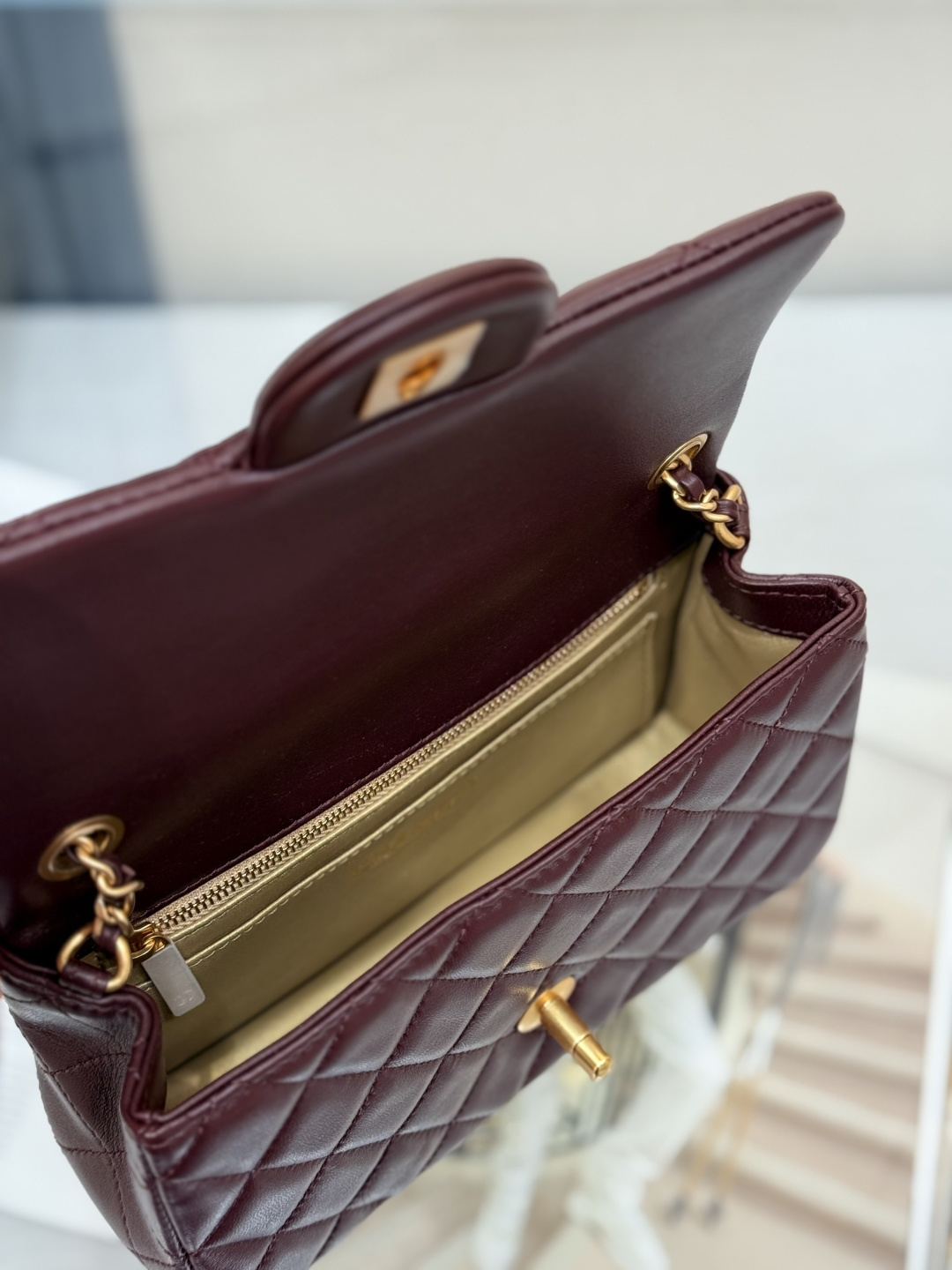 Classic Flap Large Mini (20cm) Bag (AS1787) in Burgundy Quilted Lambskin with Antique Gold-Tone Hardware & Globe Adjustable Gold Ball - Mocuir