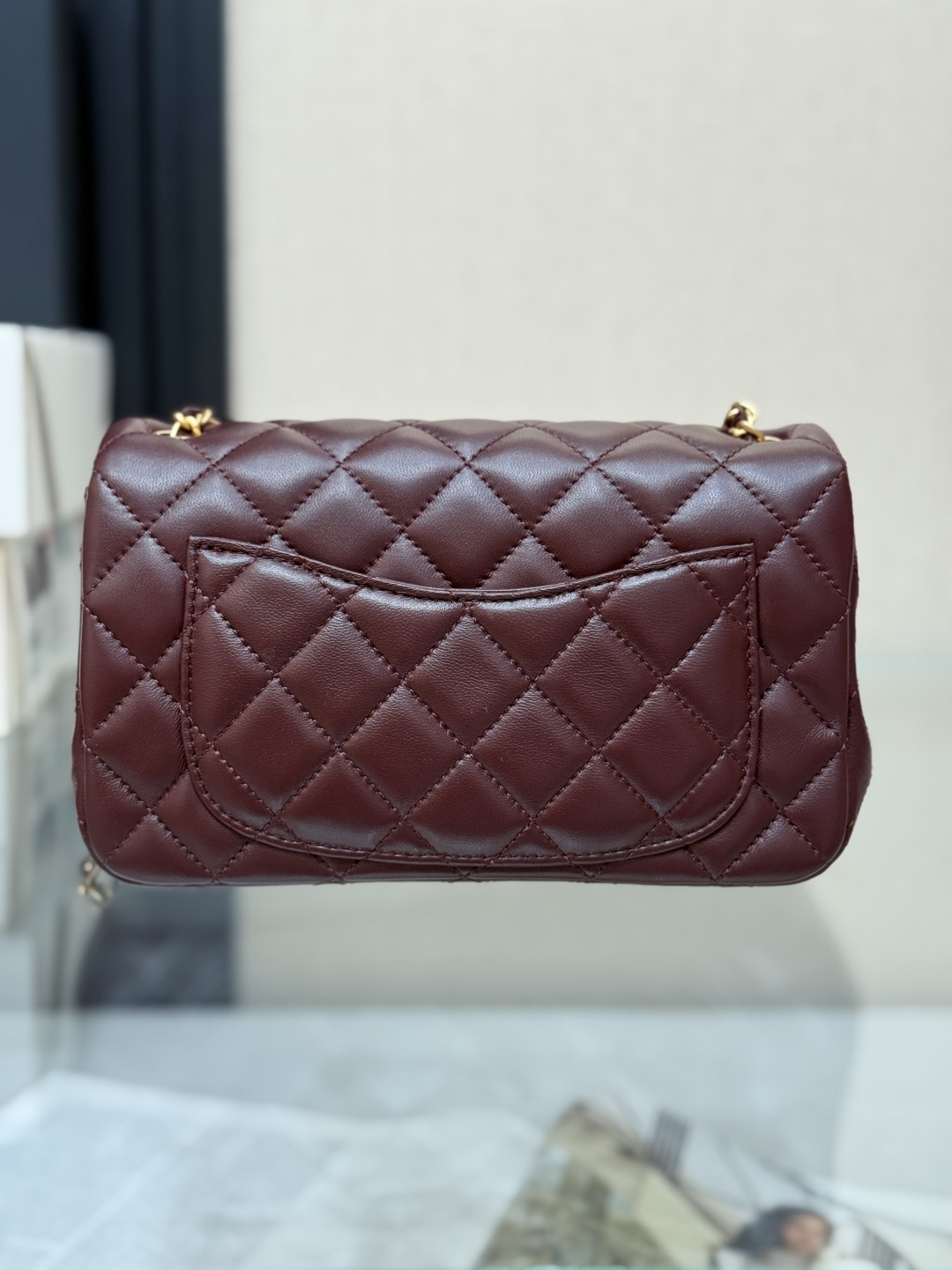 Classic Flap Large Mini (20cm) Bag (AS1787) in Burgundy Quilted Lambskin with Antique Gold-Tone Hardware & Globe Adjustable Gold Ball - Mocuir