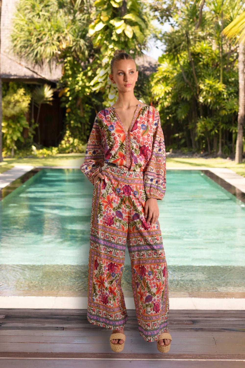 Flat-Front Elastic Waist Wide Leg‌