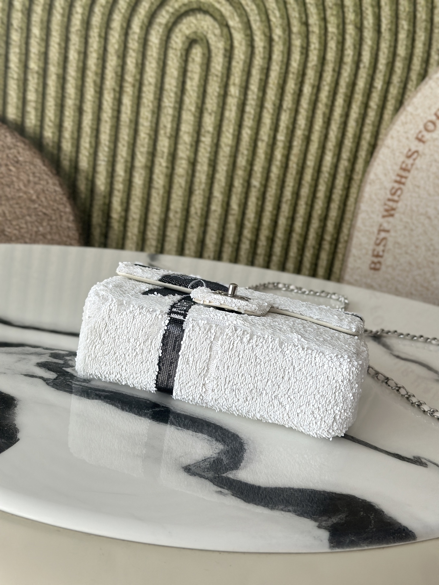 24B White & Black Sequin Bow Mini Classic Flap Bag with Silver-Tone Hardware - Mocuir