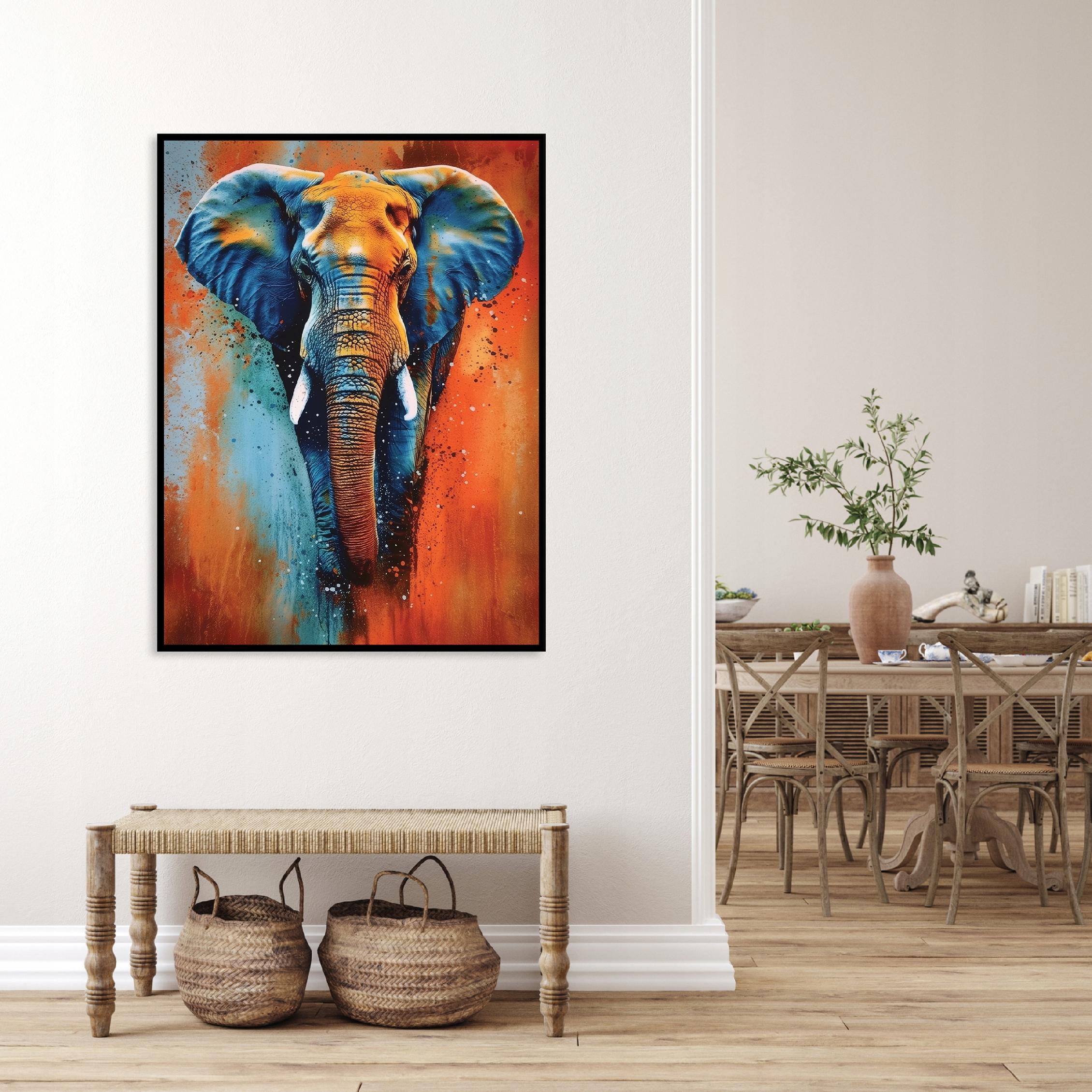 Black-framed canvas print: Elephant, concrete, animal, living room, bedroom, 120x80