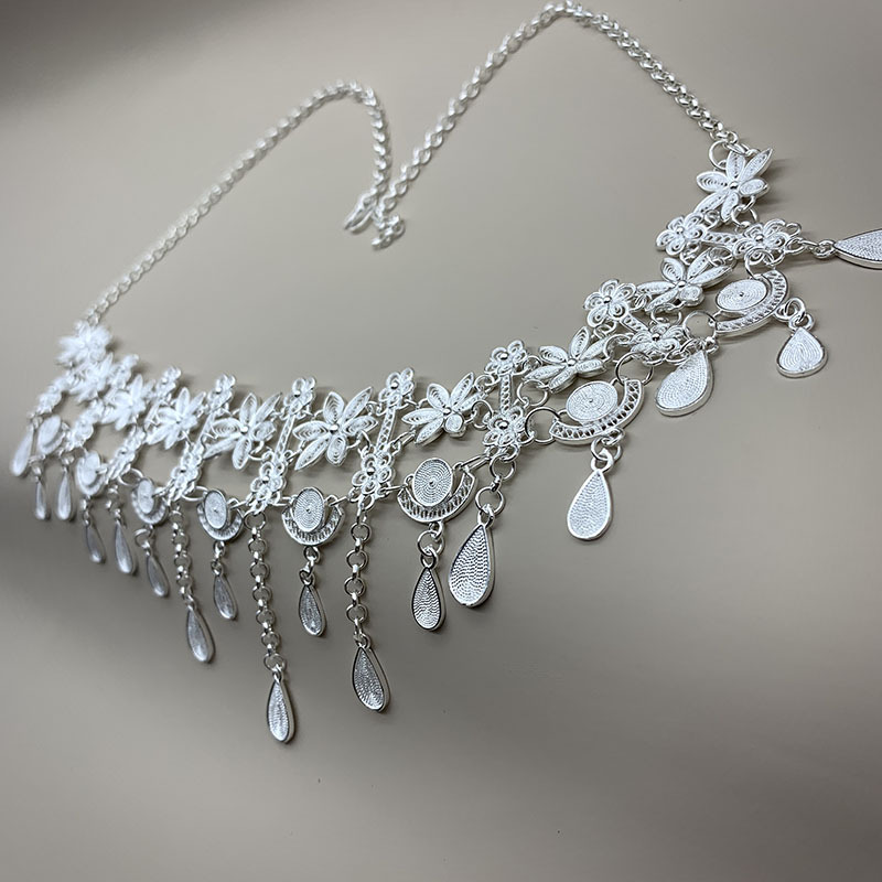 Delicate Flower Shy Ethnic Style Filigree Craftsmanship 99% Pure Silver Necklace