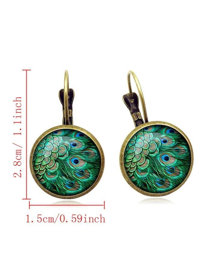 Vintage Peacock Feathers Pattern Earring Bohemian Bronze Time Gem Cabochon Dangle Earring