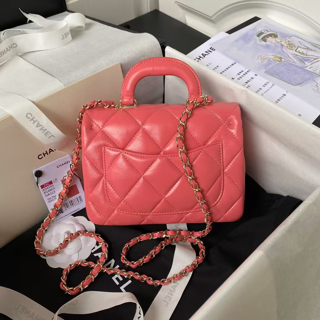 24C AS4543 Mini Flap Bag Chain Bag Top Handle Dark Pink Lambskin