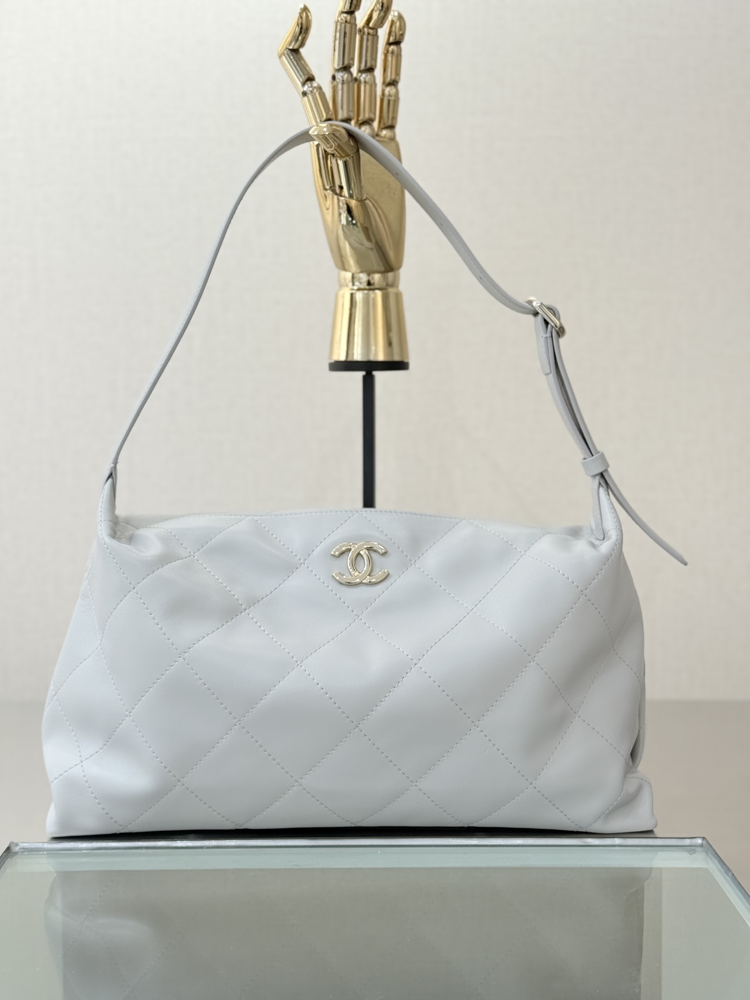 26P Hobo Shoulder Bag in Light Grey Quilted Lambskin with Light Gold-Tone Hardware - Mocuir