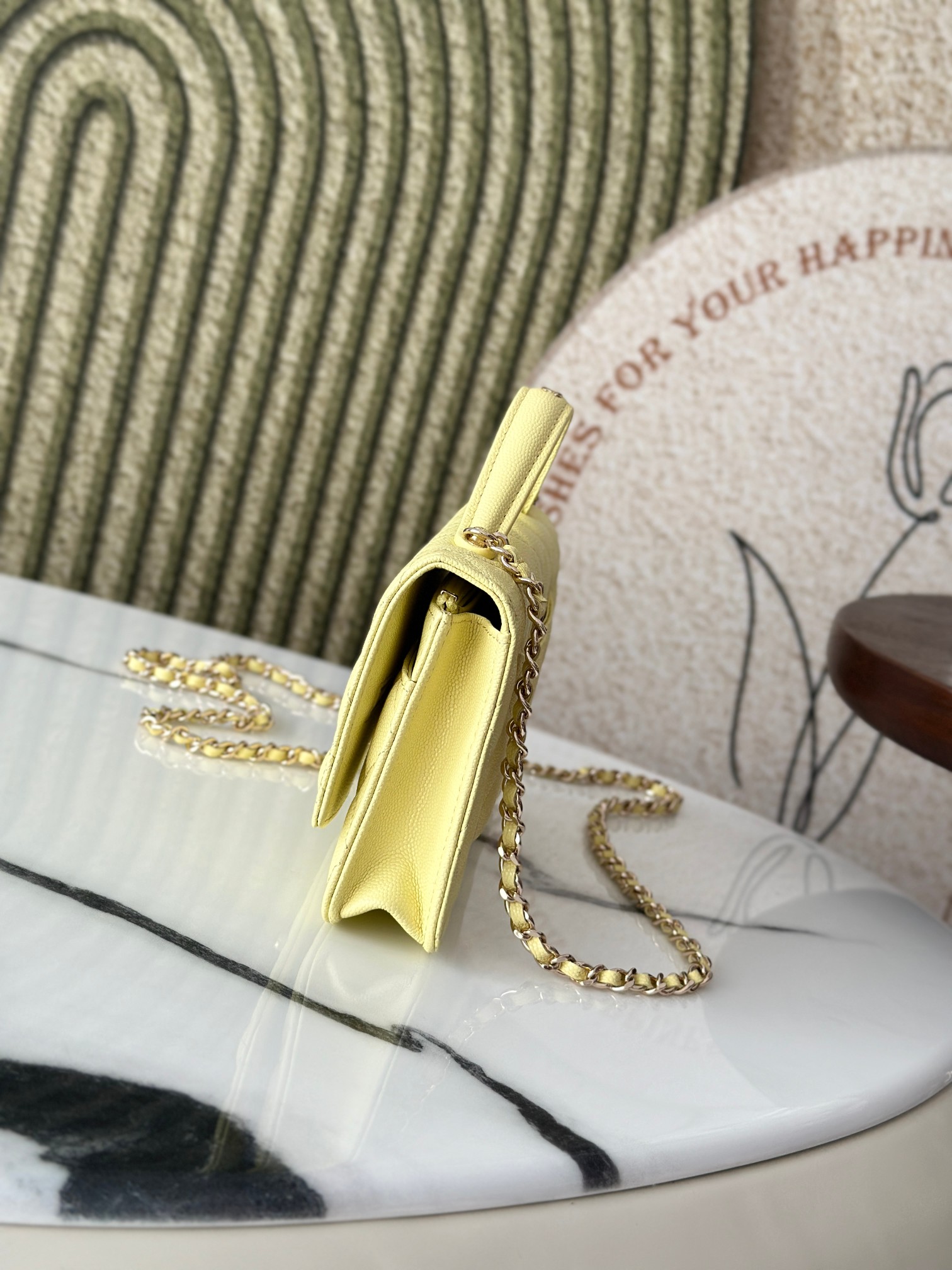 Classic Flap Mini Bag with Top Handle in Lemon Yellow Caviar Leather with Light Gold Hardware (Model AP3341) - Mocuir