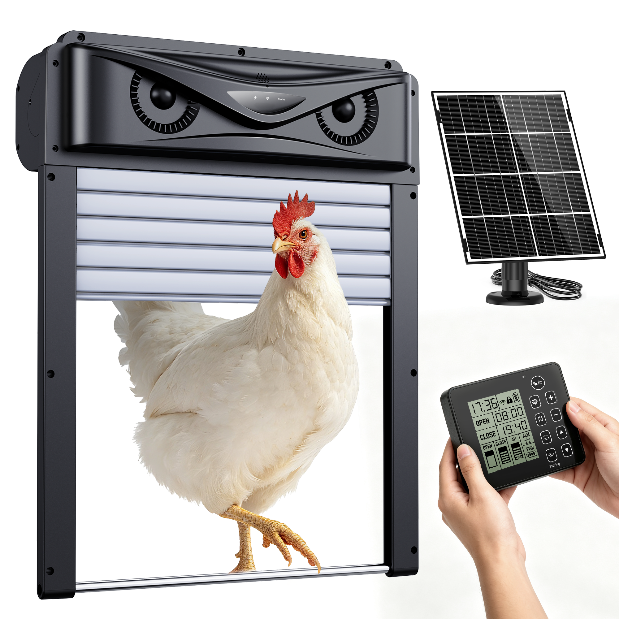 Automatic Chicken Coop Door with LCD Remote, 7W Solar Power, Timer, PIR Alarm & Anti-Pinch, Roll-Up Design