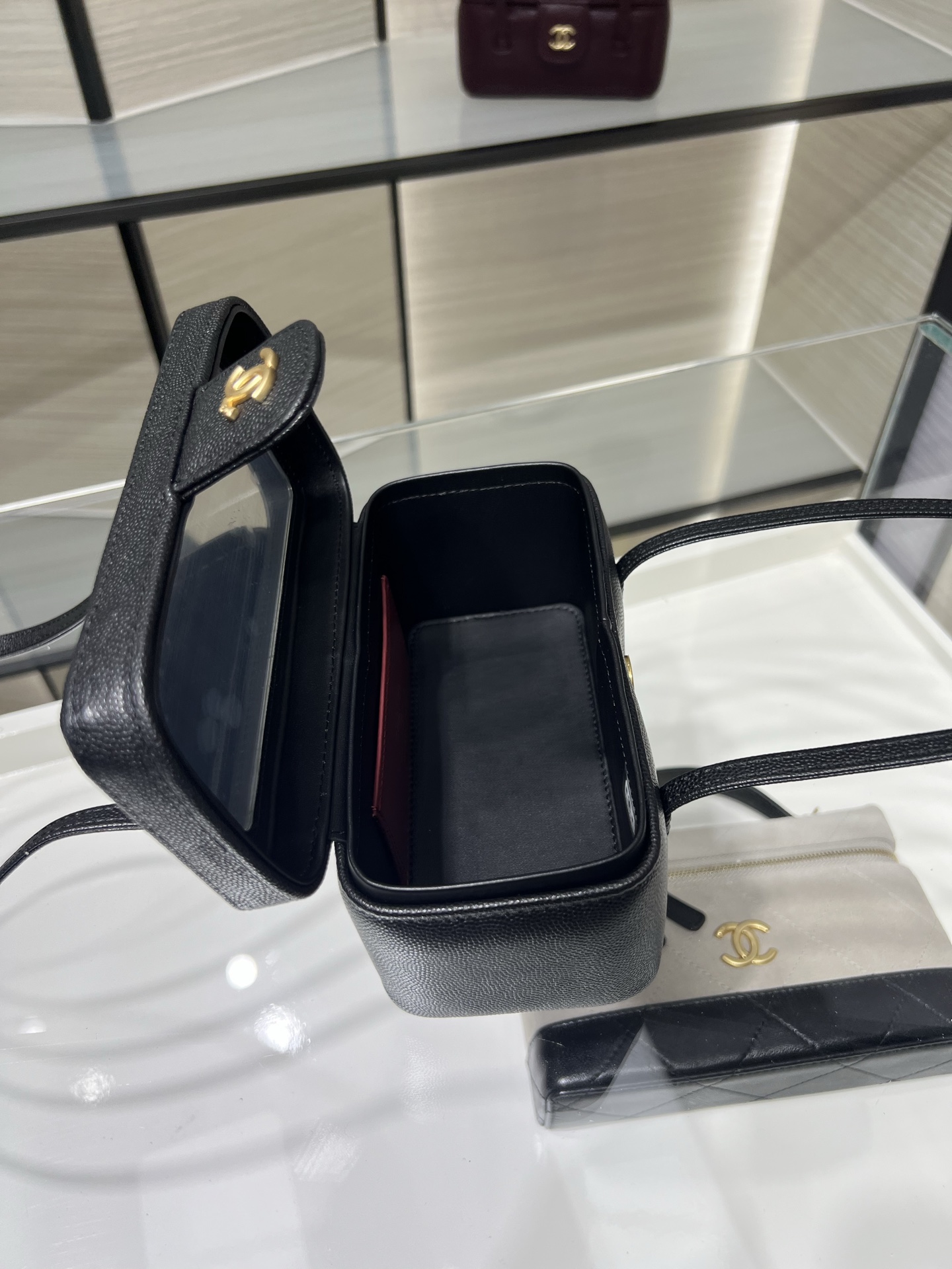 26P Preppy Coco Black Quilted Caviar Leather Long Vanity Handbag with Gold-Tone Hardware - Mocuir