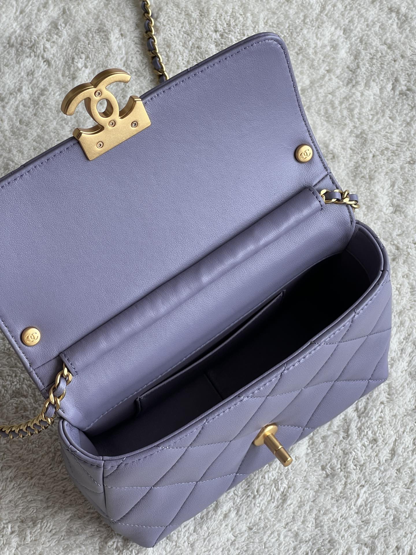 24A Mini Classic Flap Bag in Tato Purple Quilted Lambskin with Pearl & Crystal CHANEL Letter Chain and Light Gold-Tone Hardware (AS4997) - Mocuir