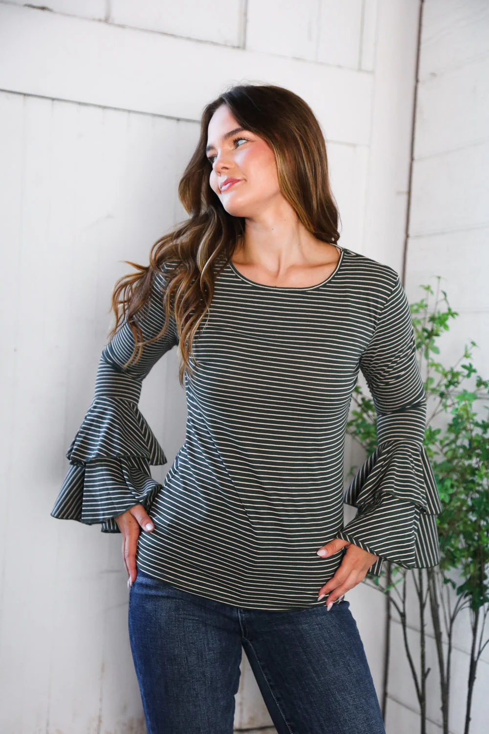 Sassy in Stripes Olive Blouse