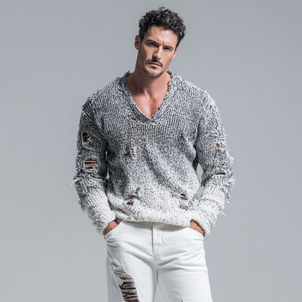 Men's Distressed Ripped Ombre Pattern V Neck Long Sleeve Knit Sweater