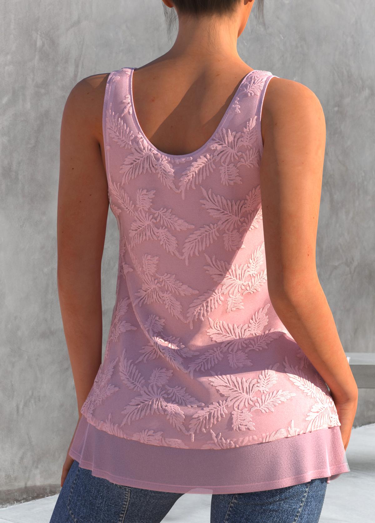 Embroidered Decorative Button Light Pink Tank Top