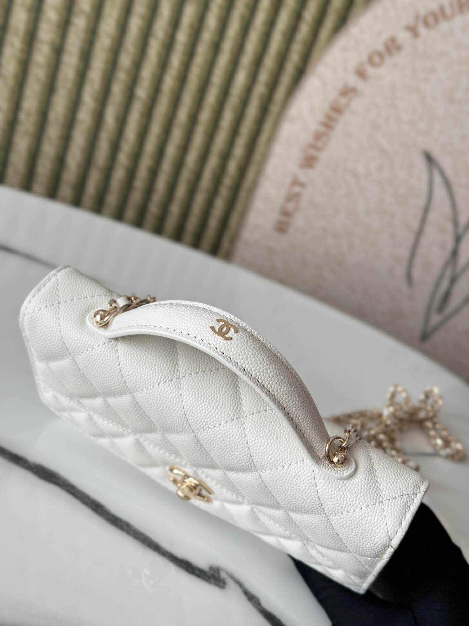 Classic Flap Mini Bag with Top Handle in White Caviar Leather with Light Gold Hardware (Model AP3341) - Mocuir