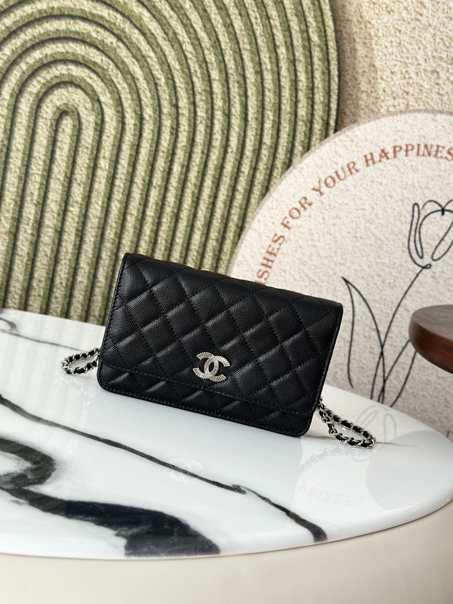 Wallet on Chain (WOC) 25C Collection in Black Quilted Caviar Leather with Brushed GoldSilver-Tone Hardware - Mocuir