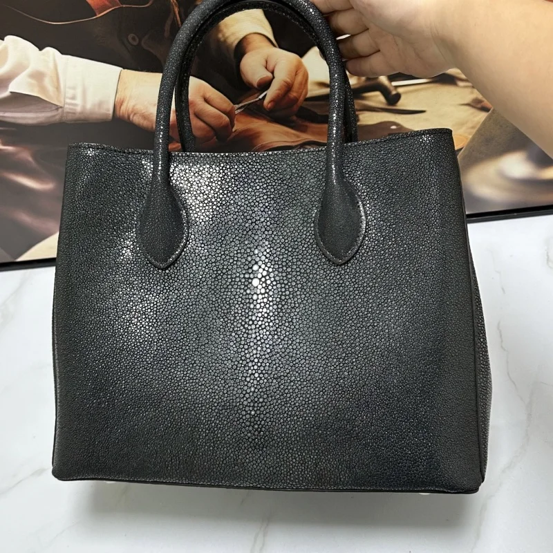 Authentic Real Stingray Skin OL Lady Classic Black Working Purse Genuine Exotic Leather Women Single Shoulder Bag Female Handbag