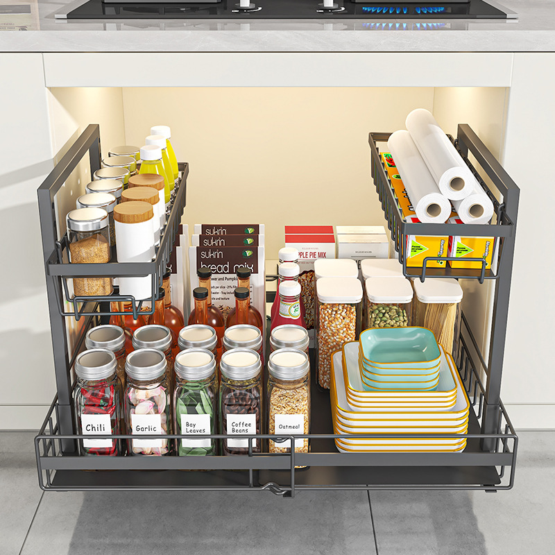 Retractable Cabinet Storage Rack Kitchen Punch-Free Drawer-Type Double-Layer Spice Basket Pull-Out Storage Rack under the Sink