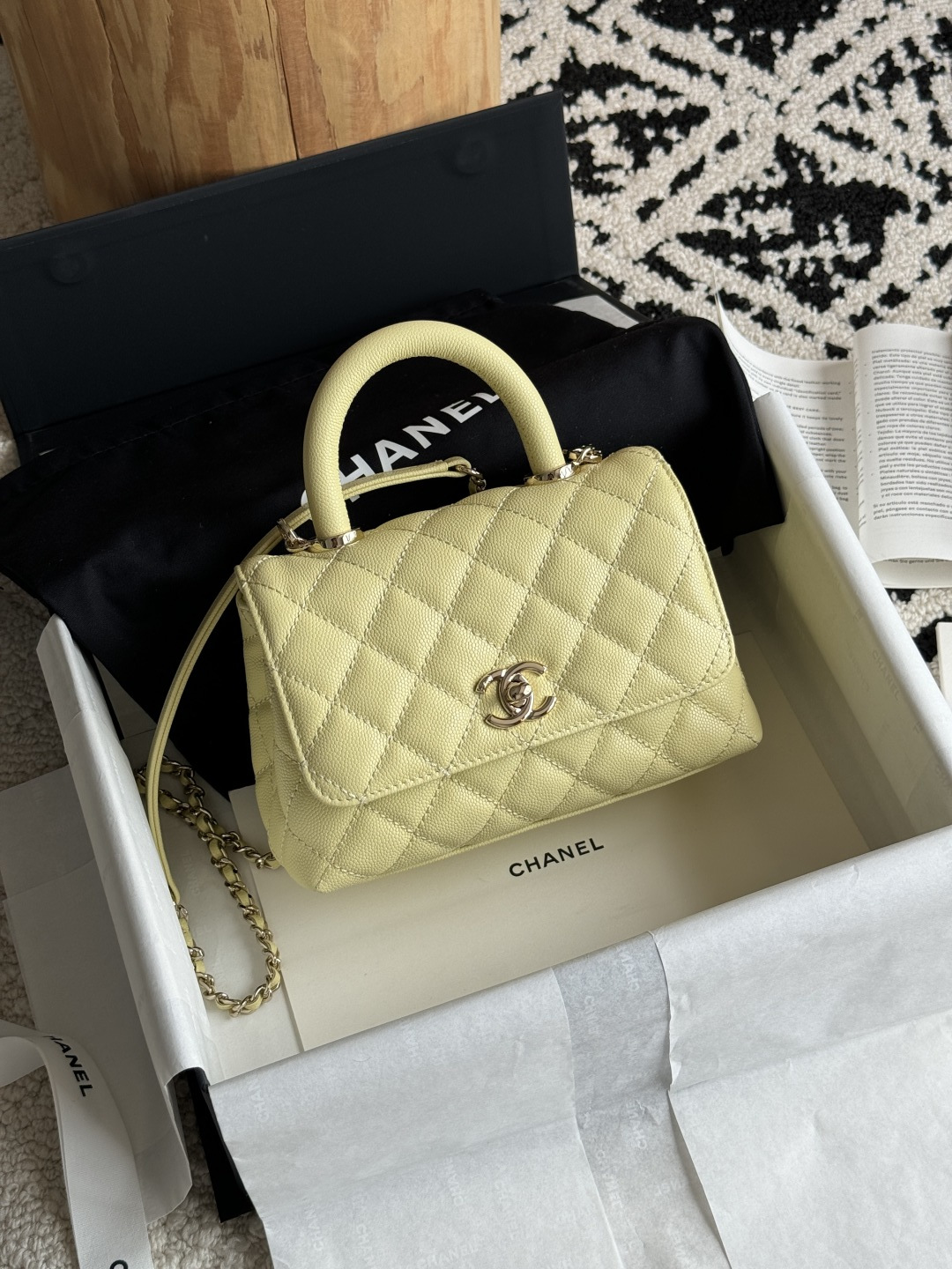 Small Coco Handle Flap Bag in Yellow Quilted Caviar Leather with Light Gold-Tone Hardware - Mocuir