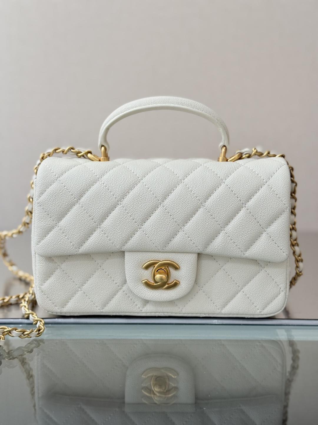 2025C CC Top Handle Small Bag (AS5265) in White Grained Calfskin with Antique Gold-Tone Hardware - Mocuir