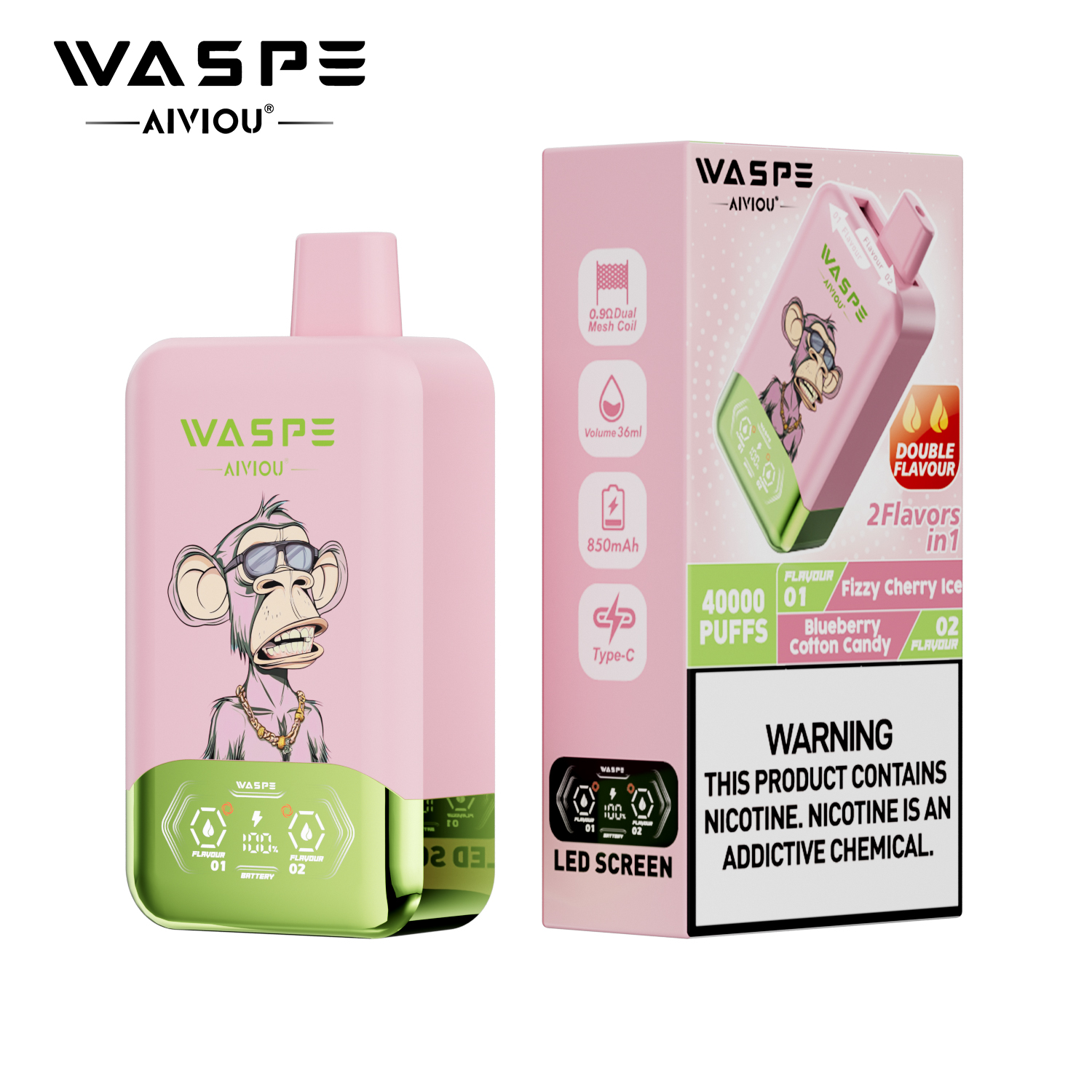 （3 pieces）WASPE 40000 40K Puffs Double Taste LCD Display Disposable Vape