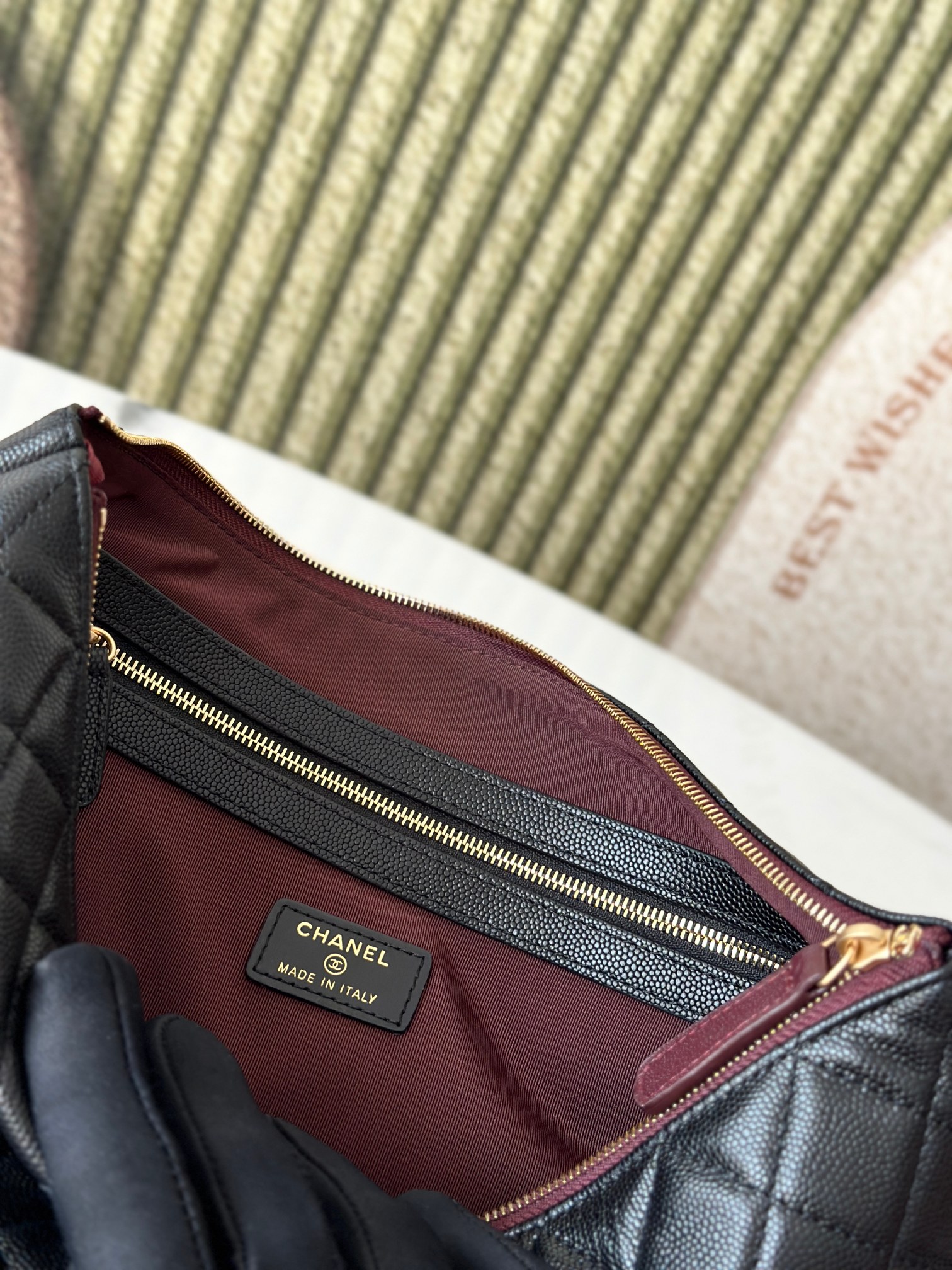 Classic Quilted Caviar Large Zip Pouch Document Case in Black with Gold-Tone Hardware - Mocuir