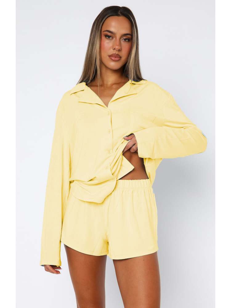 Pattern Pure Color Buckle Cozy Pajamas Sets