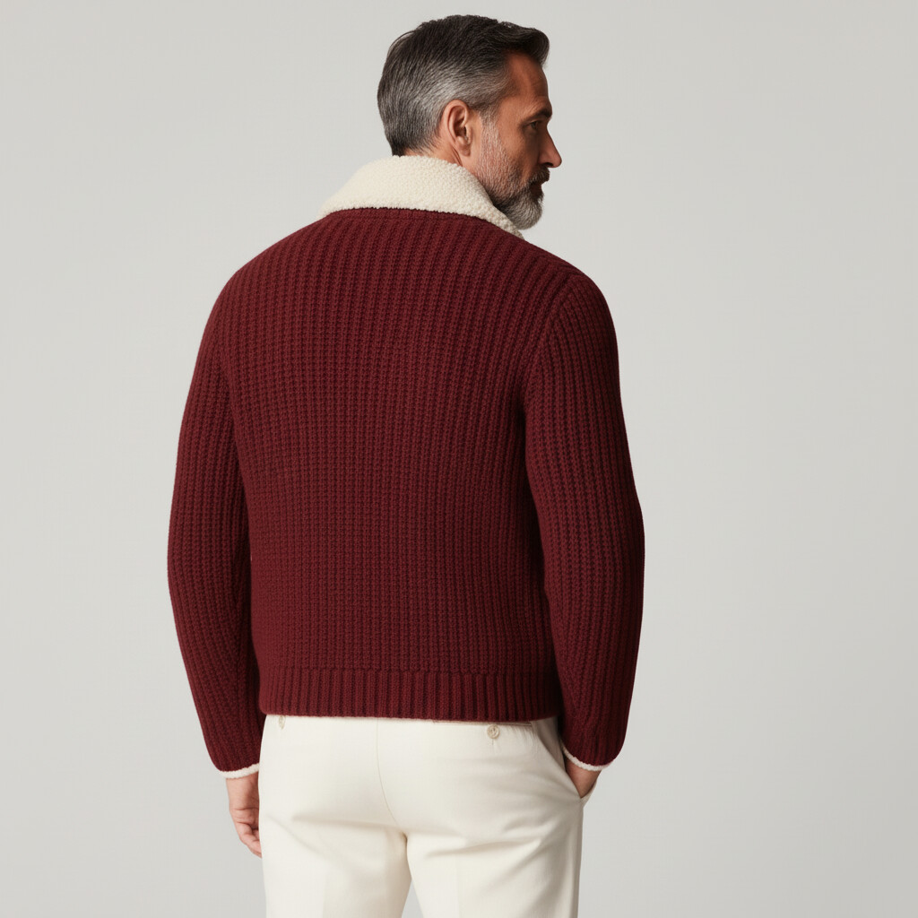 Men's Burgundy Sherpa Collar Long Sleeve Button Rib Knit Cardigan