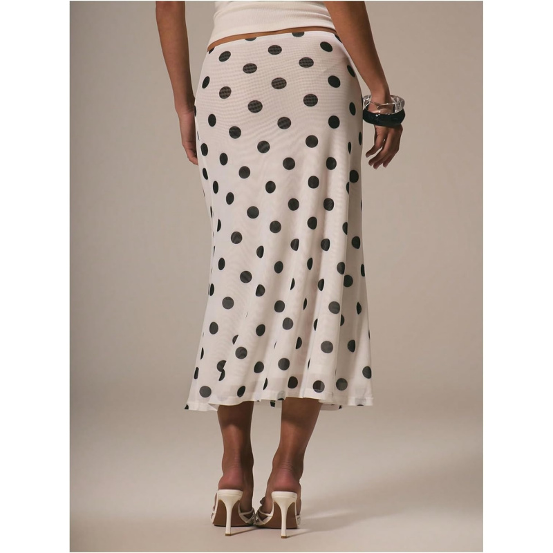 Women's Polka Dots Midi Skirt Summer Mesh Flowy Long Skirts