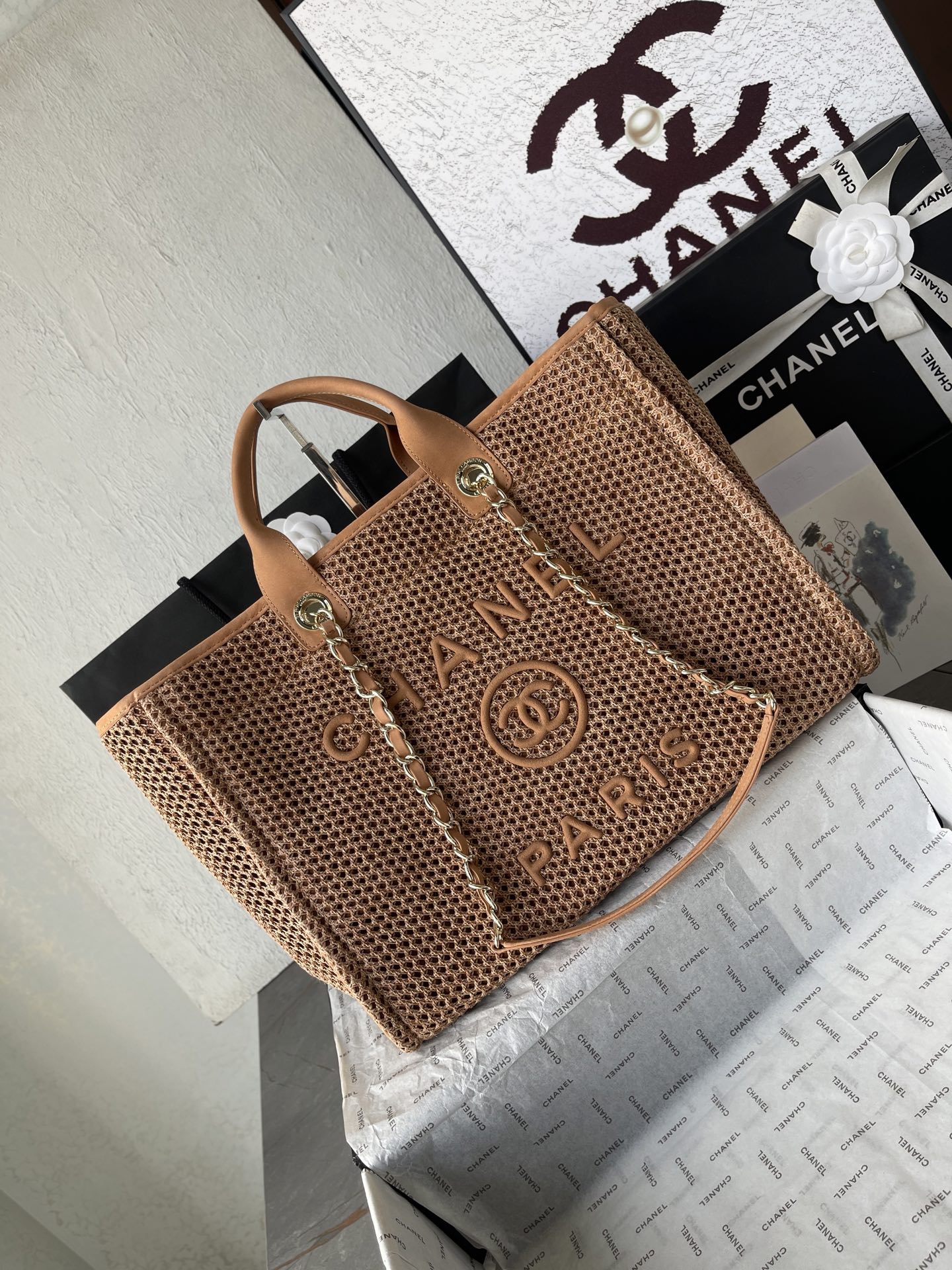 Deauville Large Openwork Knit Tote Bag in Caramel with Gold-Tone Hardware - Mocuir