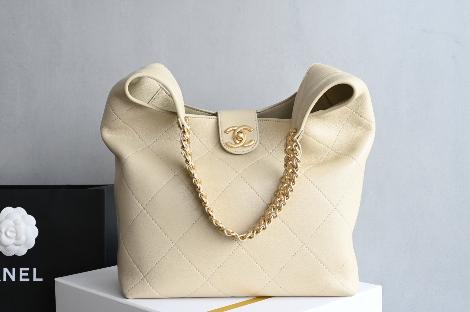 MAXI HOBO Bag in Beige Shiny Lambskin with Gold-Tone Hardware (Model AS5838) - Mocuir