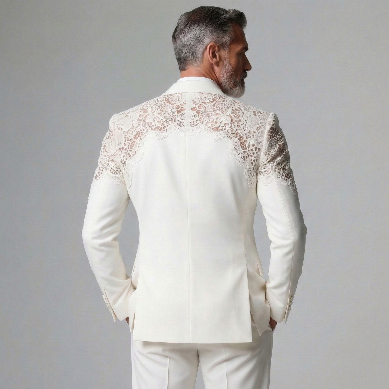 Men's White Patchwork Lace Peak Lapel Double Breasted Long Sleeve Blazer