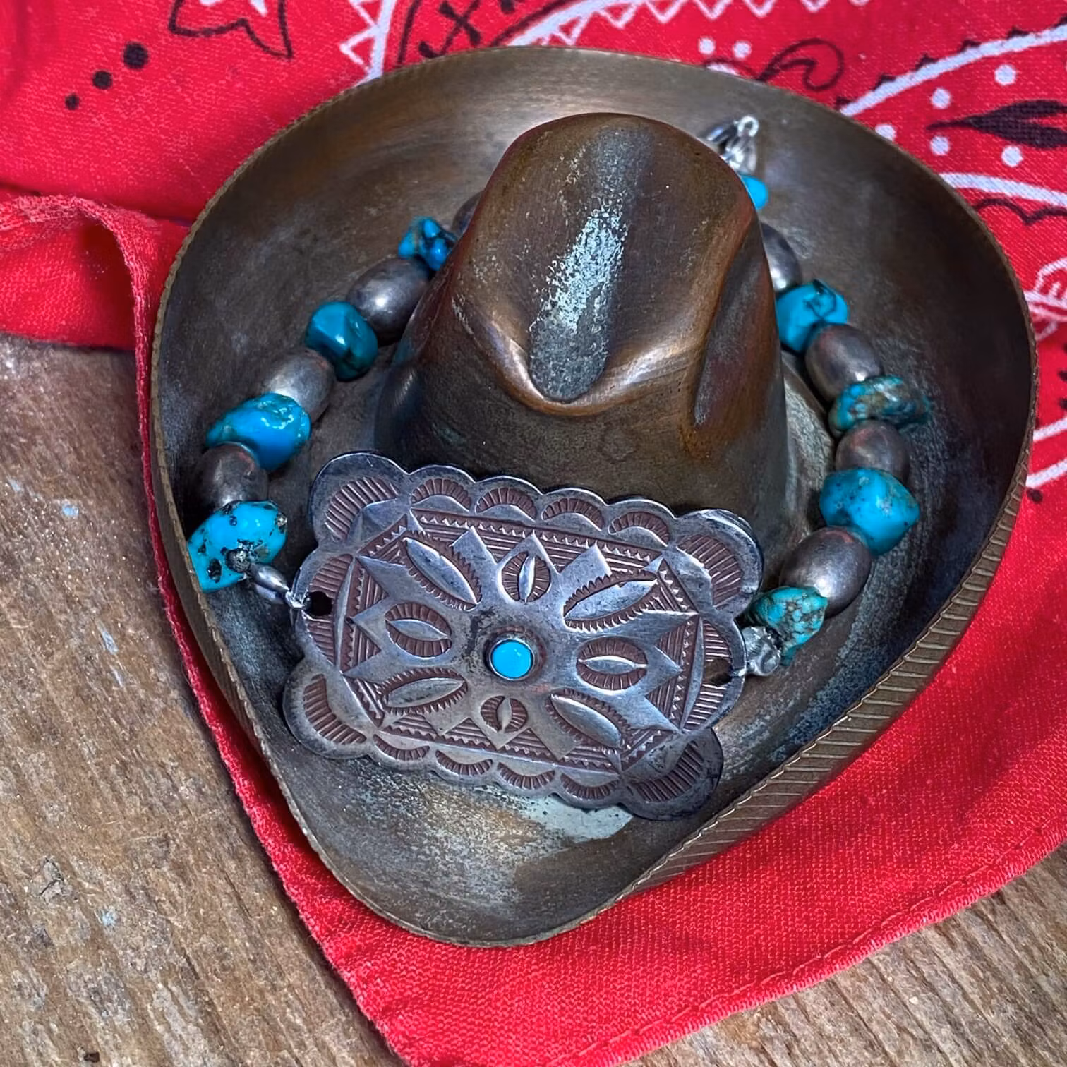 Vintage Turquoise Sterling Silver Bead Concho Bracelet