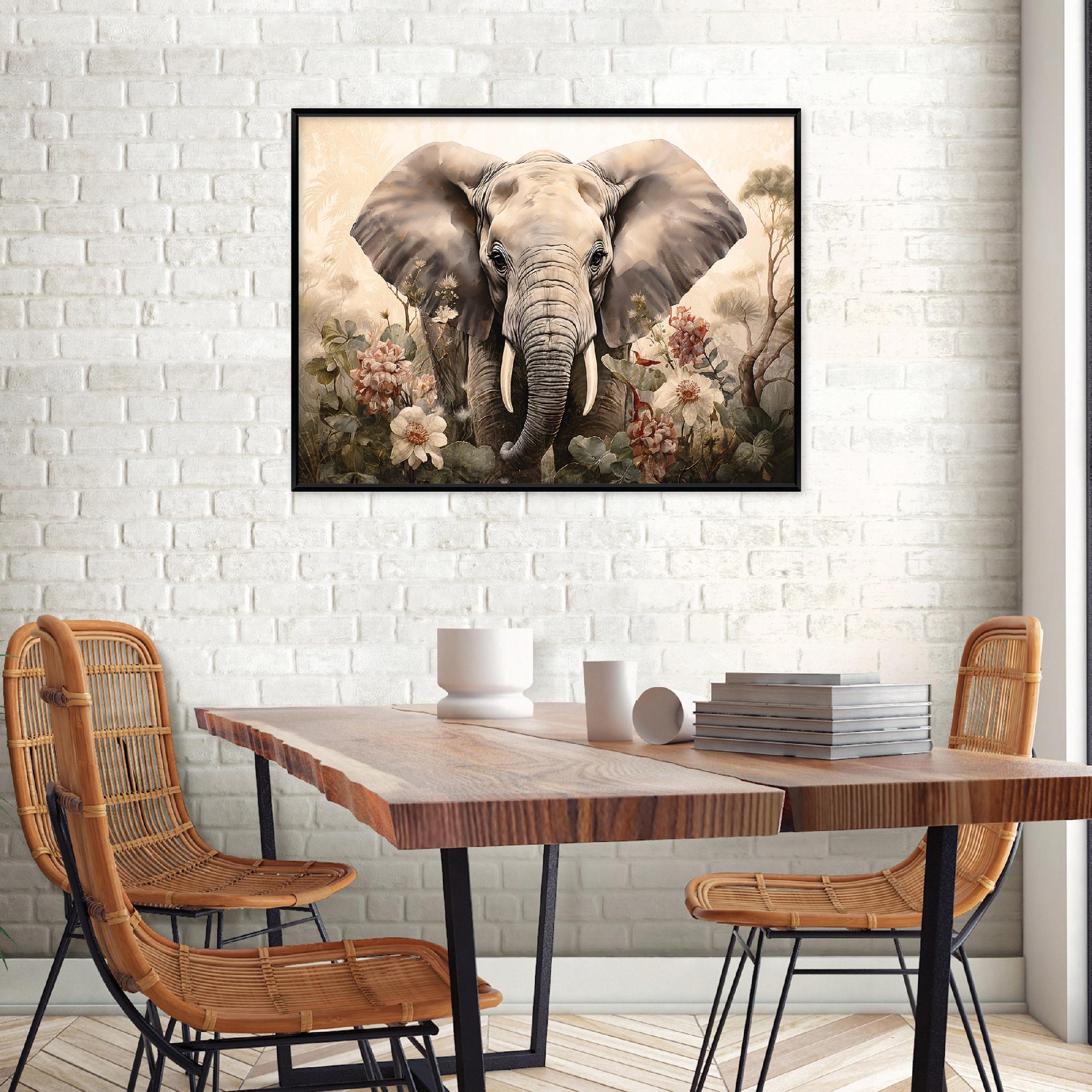 Black-framed canvas print: Elephant, animals, living room, bedroom, 40x30