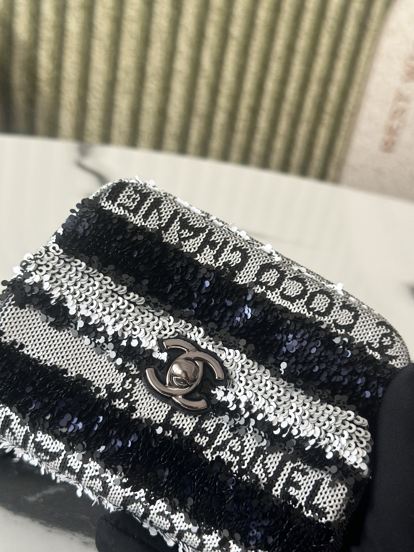 24C25C Mini Classic Flap Bag (AS4561) in Black & White Striped Hand-Embroidered Sequins with COCO Logo & Light Gold-Tone Hardware - Mocuir