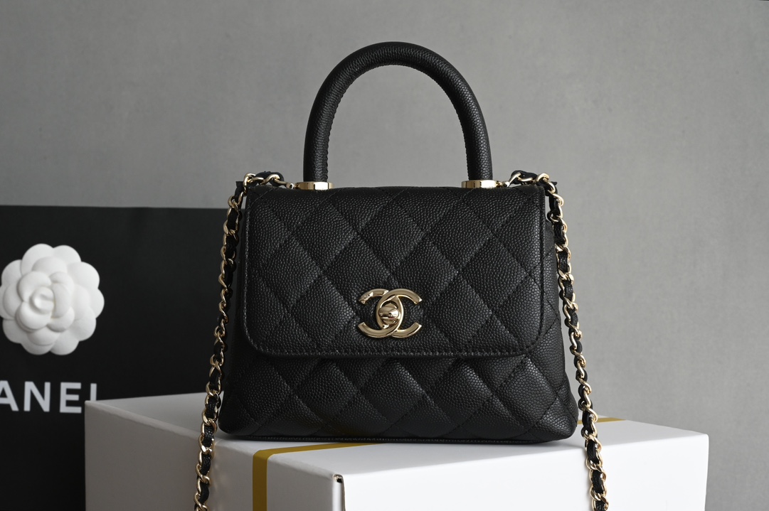 Coco Handle (Size 24) in Black Quilted Grained Calfskin (Caviar) with Light Gold-Tone Hardware (Model A92990) - Mocuir