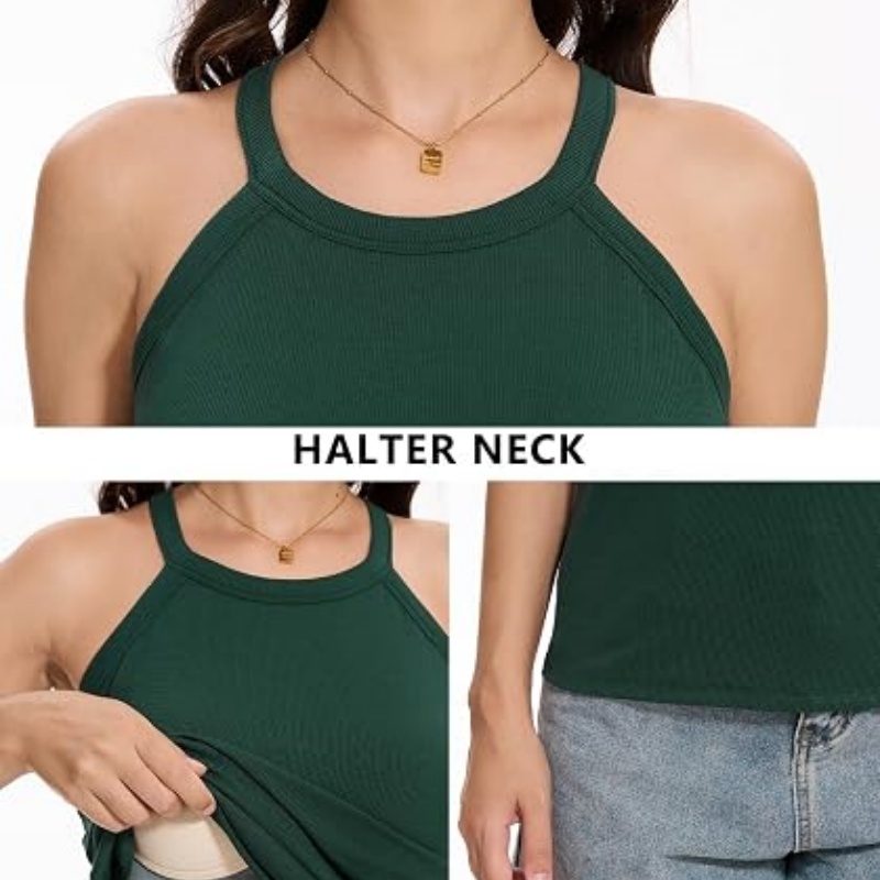 Women Ribbed Tank Tops Built in Bra Halter Tank Top Sleeveless Undershirt Tan