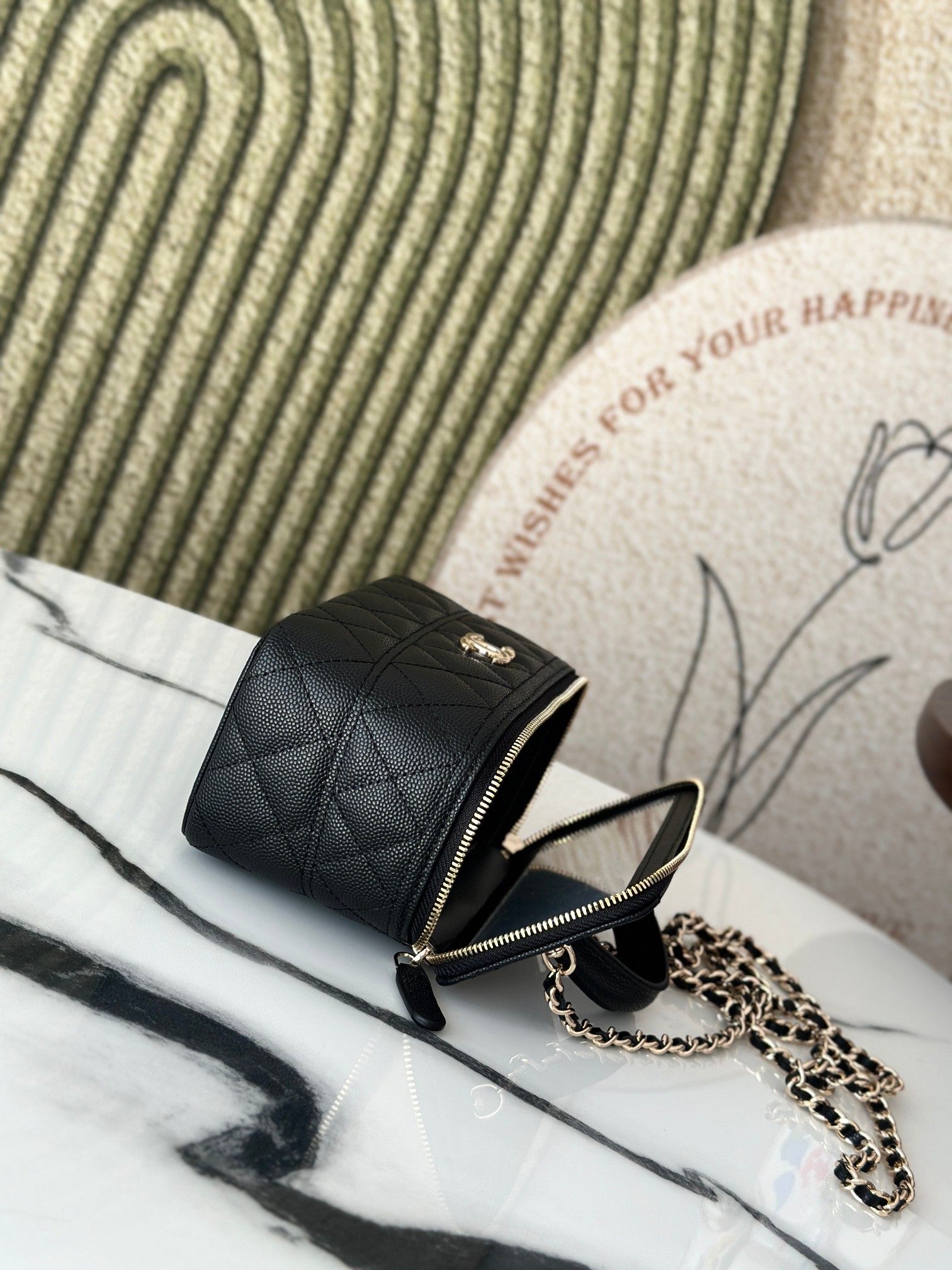 Mini Rectangular Vanity Case with Top Handle in Black Quilted Caviar Leather with Gold-Tone Hardware - Mocuir