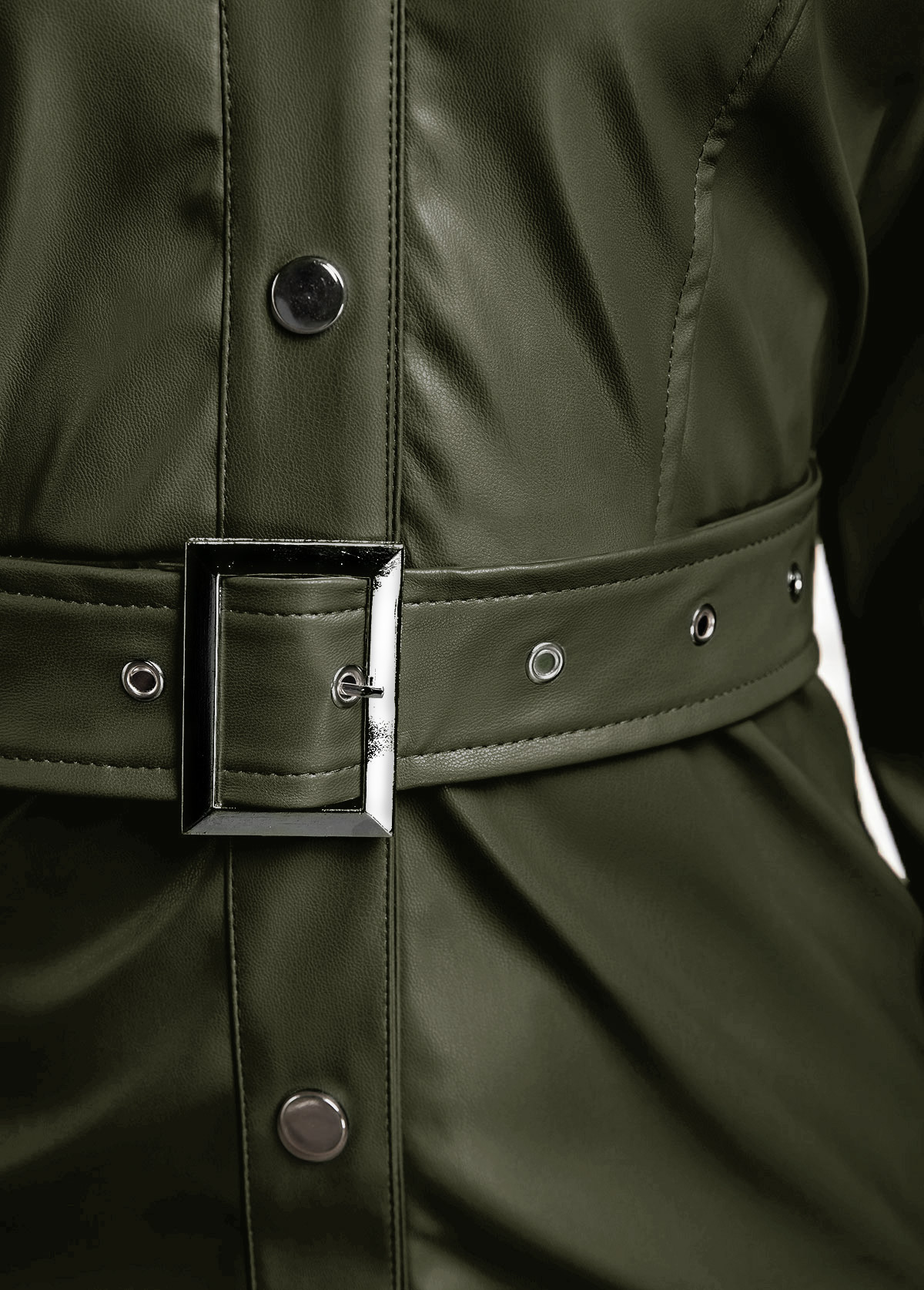 Belted Faux Leather Snap Button Dress