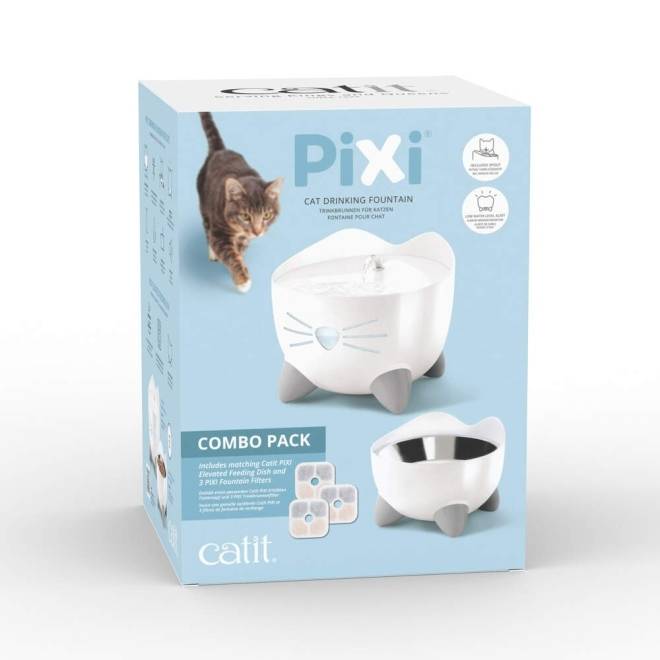 Catit Pixi Combo sett drikkefontene & hevet matskål hvit