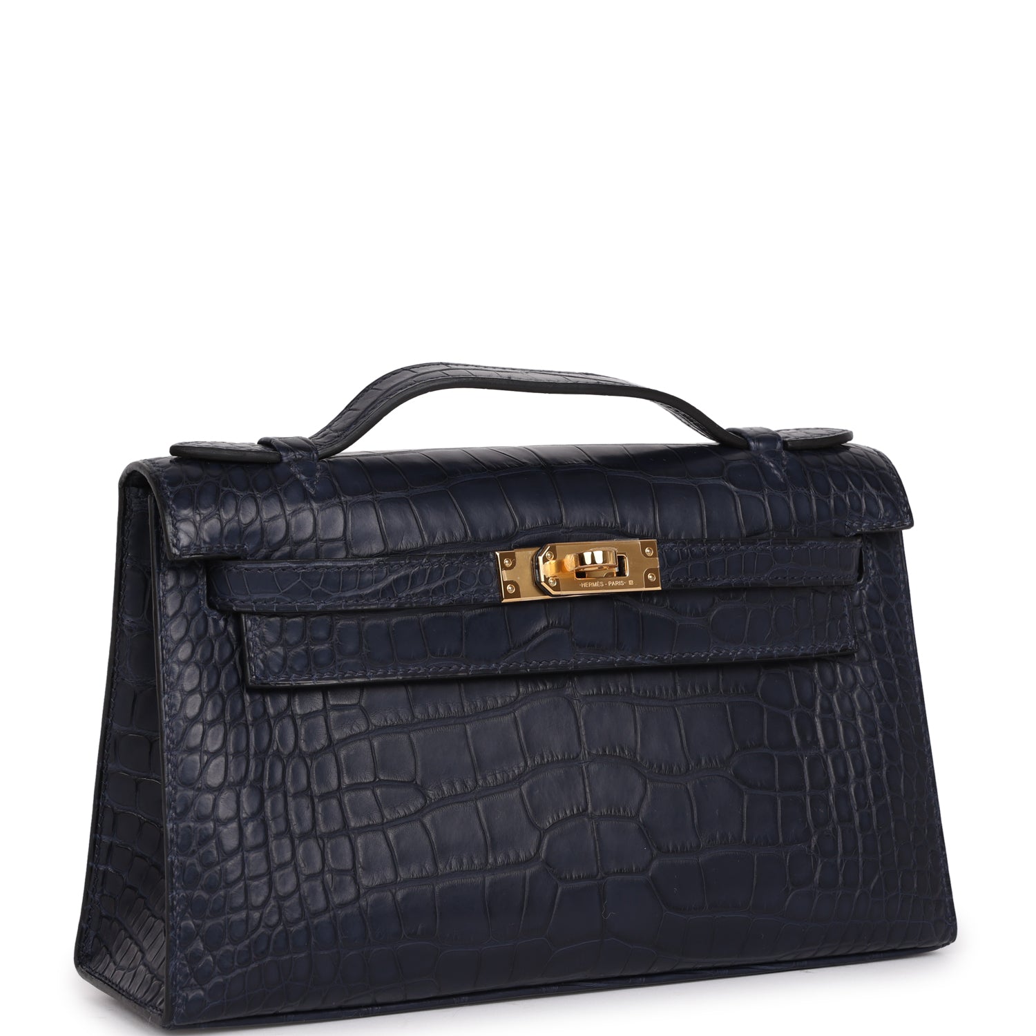 Kelly Pochette Bleu Indigo Matte Alligator Gold Hardware