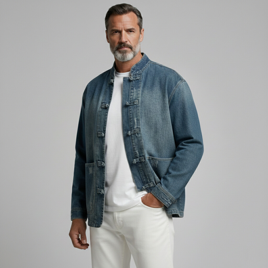 Men's Retro Denim Stand Collar Pocket Frog Closures Long Sleeve Jacket