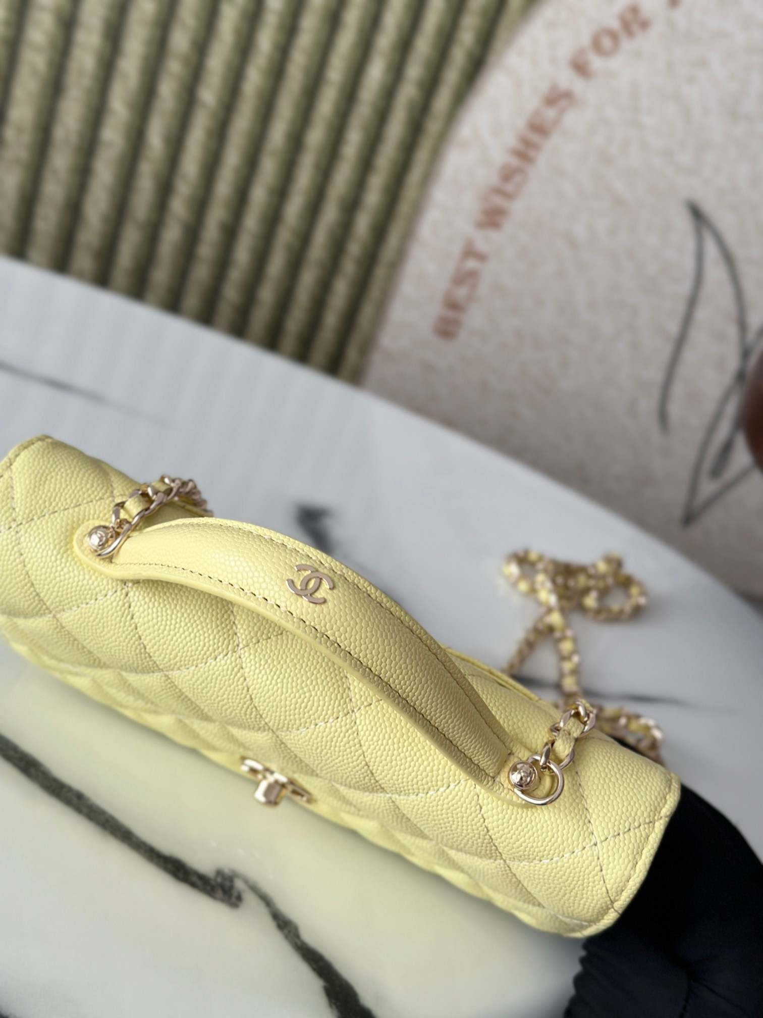 Classic Flap Mini Bag with Top Handle in Lemon Yellow Caviar Leather with Light Gold Hardware (Model AP3341) - Mocuir