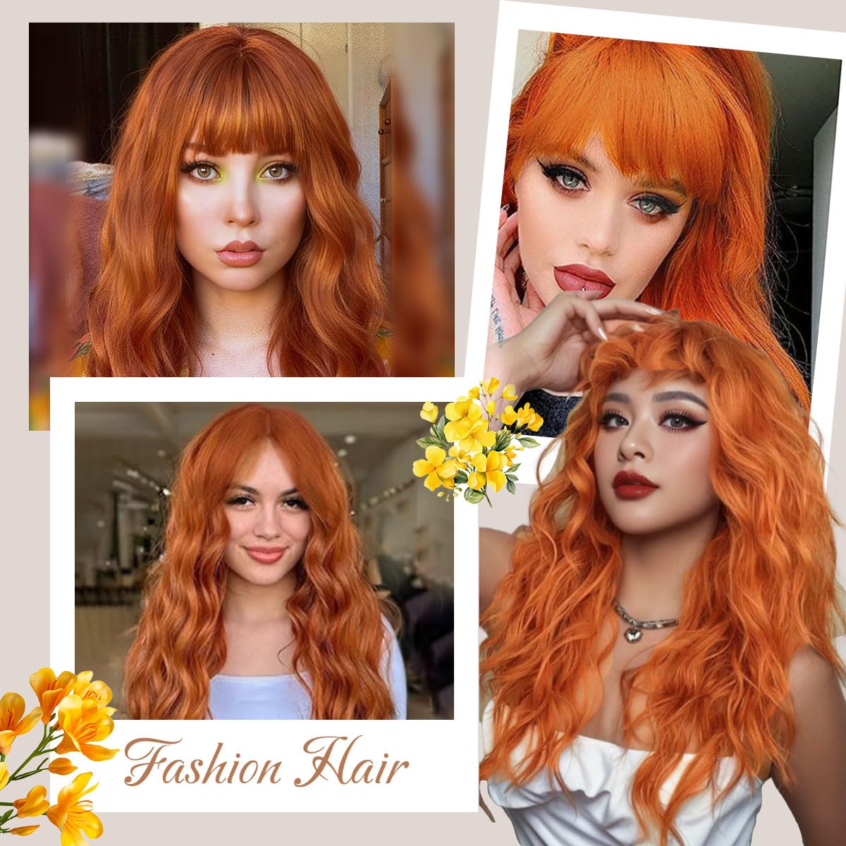 Ginger Orange Wig with Bangs 26 Inch Long Curly Wavy Wigs for Women Begineer-friendly Synthetic Wig for Daily Party Holiday Use