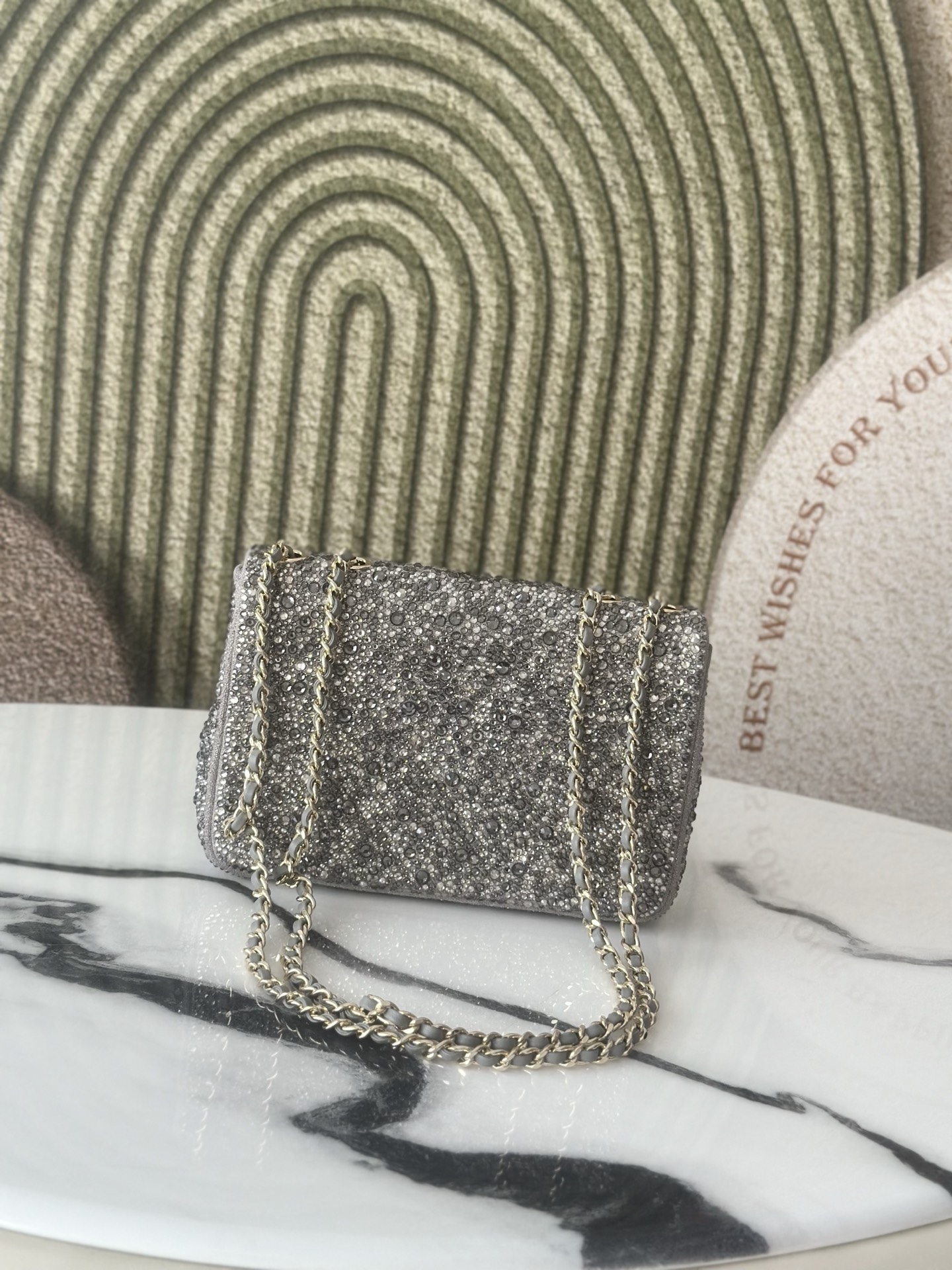 Classic Flap Mini Bag in Silver Grey Strass Crystal Embellished Suede (Gold Hardware) - Mocuir