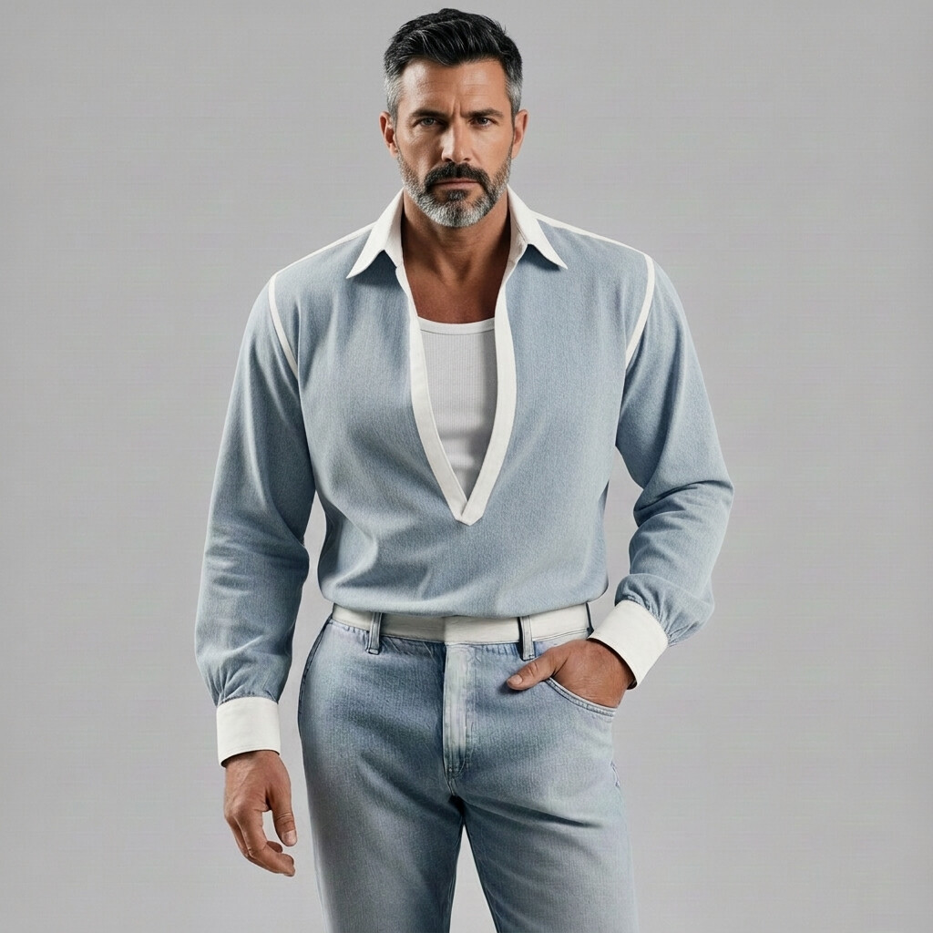 Men's Fashionable Powder Blue Contrast Trim Deep V Neck Long Sleeve Shirt